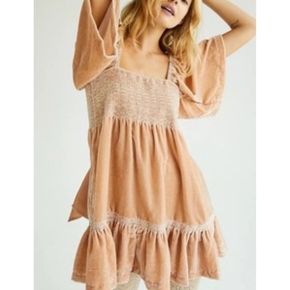 Free People Easy to Love Mini Dress Velvet Smocked Ruffle Babydoll Bohemian - Picture 1 of 9